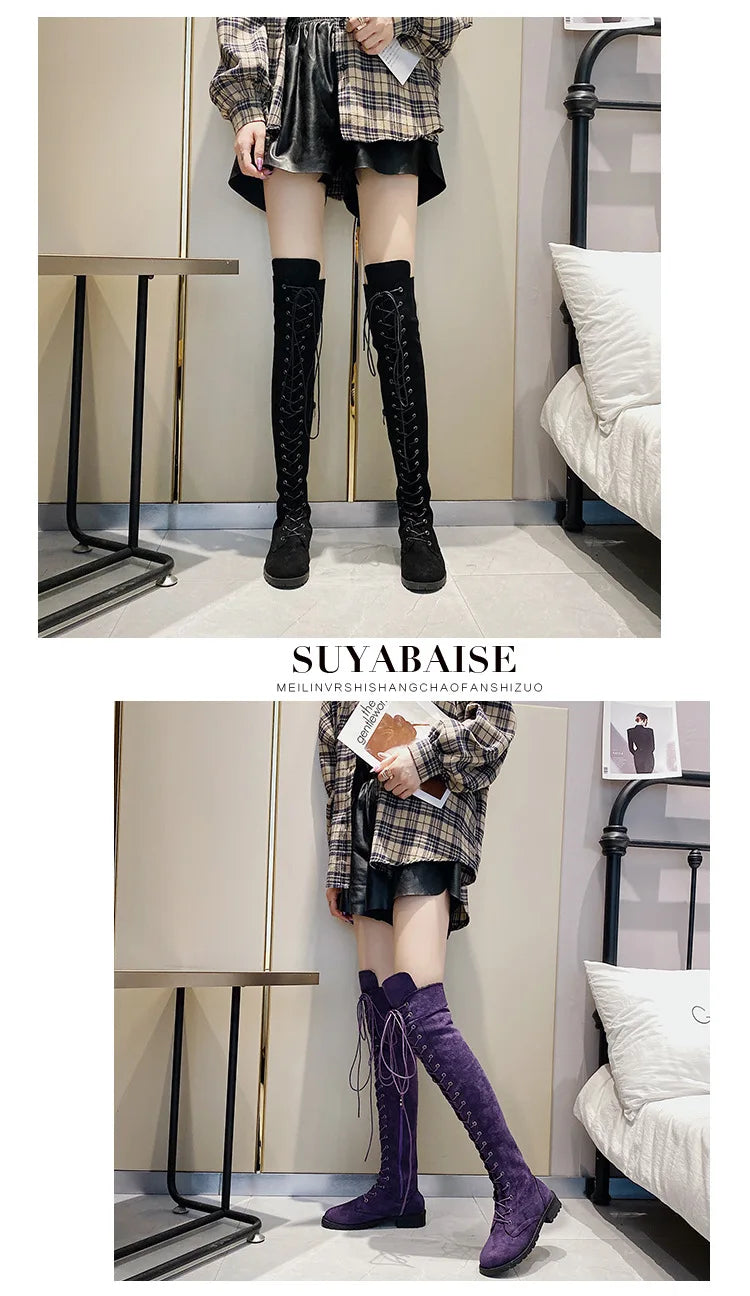 Lace Up Low Heel Winter Over The Knee Boots for Women