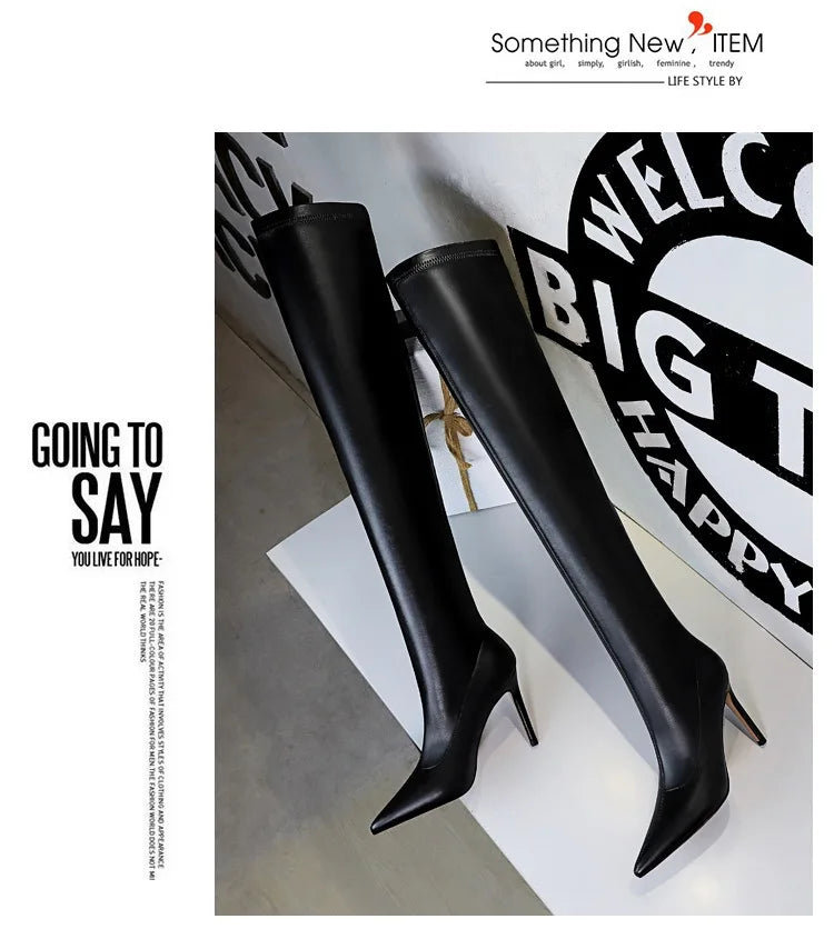 Black Leather Stiletto Over The Knee Boots for Women