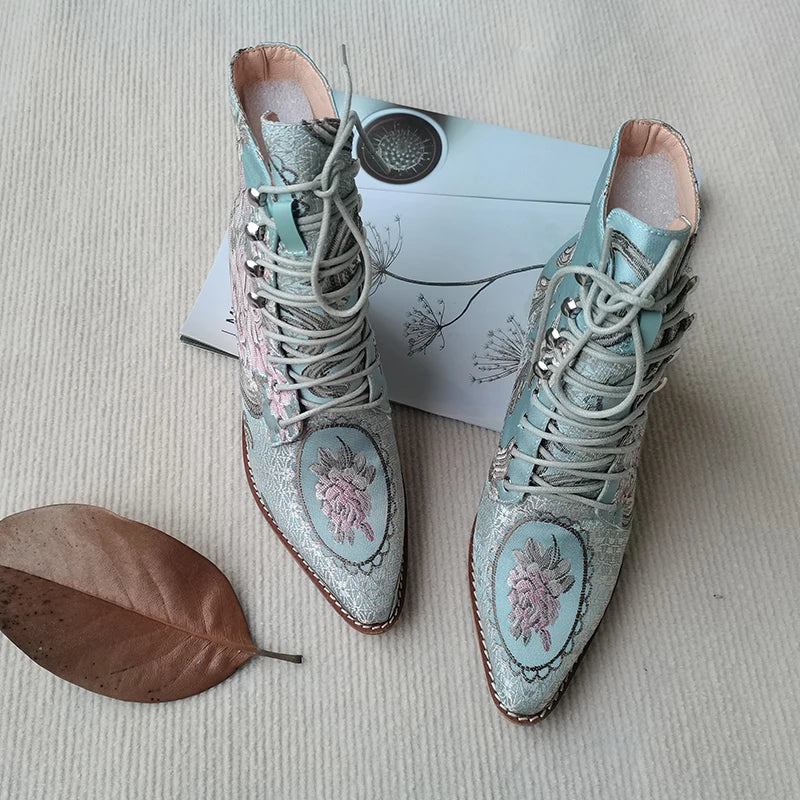 Blue Embroidered Flower Chinese Style Ankle Boots For Women
