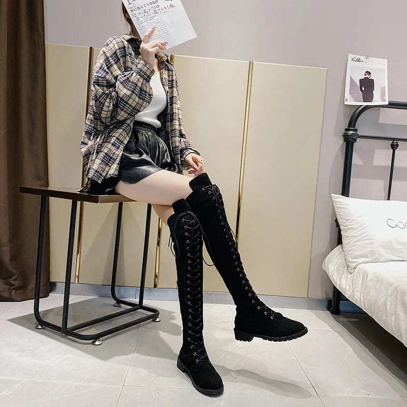 Lace Up Low Heel Winter Over The Knee Boots for Women