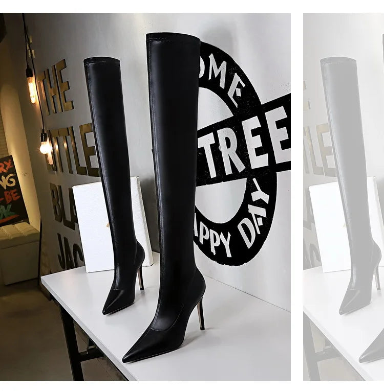 Black Leather Stiletto Over The Knee Boots for Women