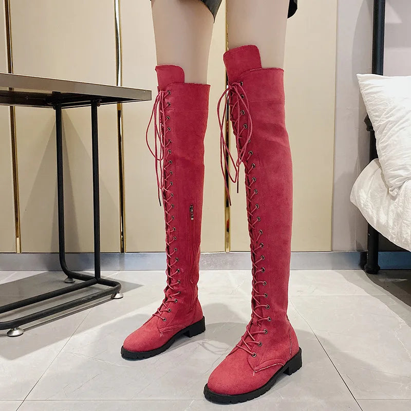 Lace Up Low Heel Winter Over The Knee Boots for Women