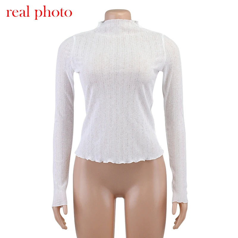 Cryptographic 2025 Fall Elegant See Through Long Sleeve Mock Neck Women Tops Fashion Streetwear Sexy T-Shirts Tees Slim Clothes