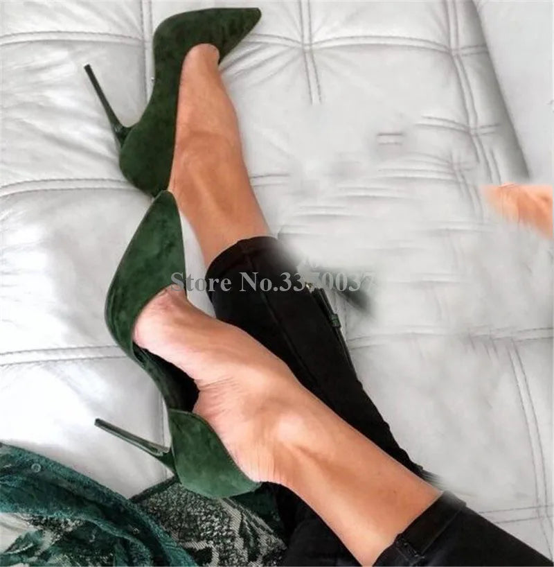 Elegant Dark Green Suede Pointed Toe Stiletto Pumps for Women