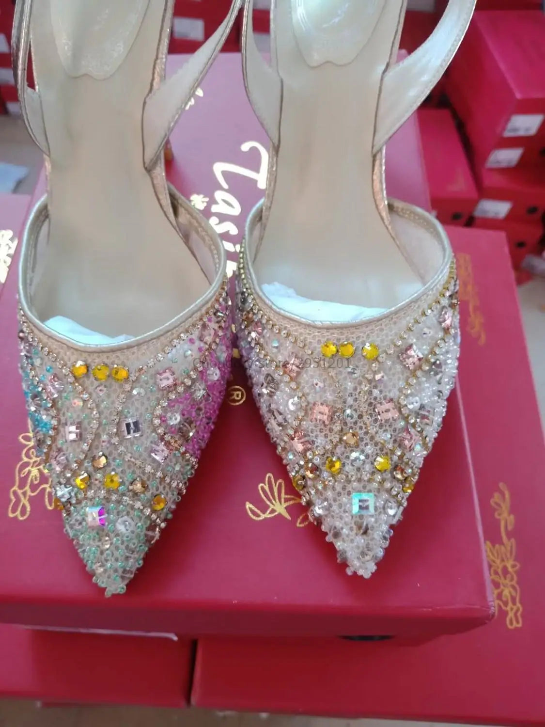 Elegant Sparkling Beaded Ankle Strap High Heel Wedding Pumps for Women
