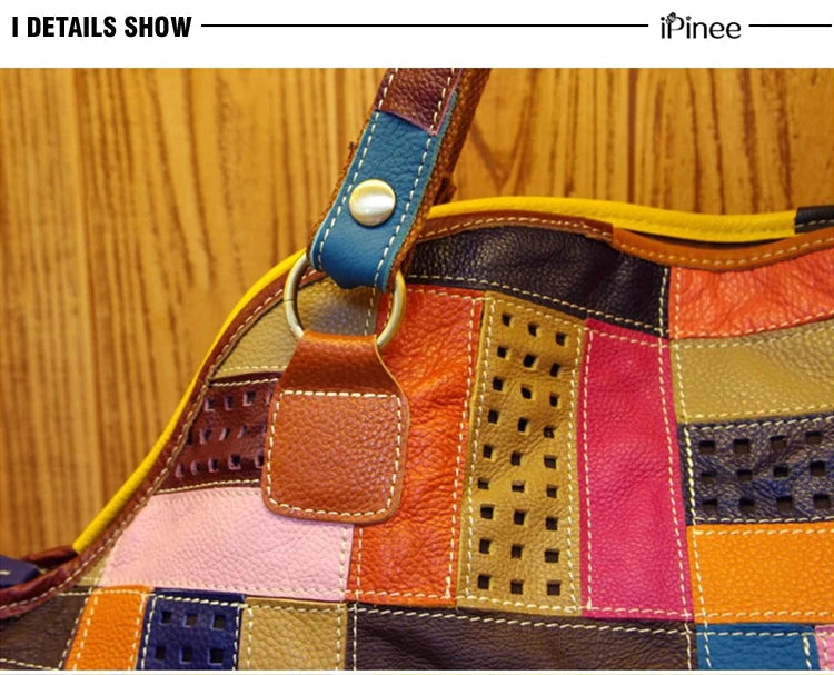Patchwork Genuine Leather Shoulder Tote Bag for Women