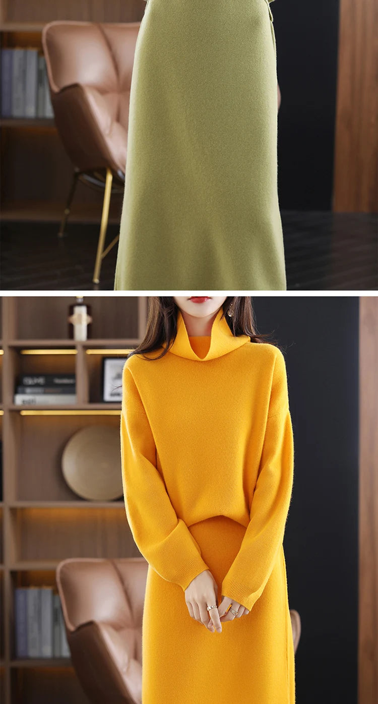 Wool Cashmere Knit Sweater and Skirt Two Piece Set for Women