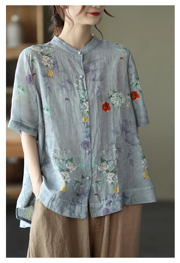 Relaxed Fit Floral Print Cotton Linen Short Sleeve Shirt for Women