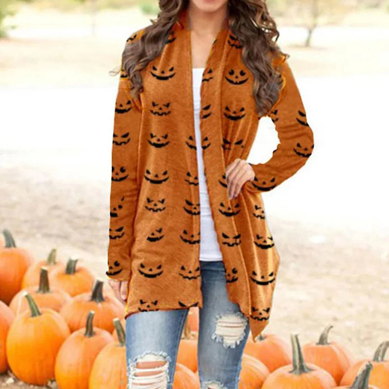 Skull Pumpkin Print Open Front Long Cardigan for Women