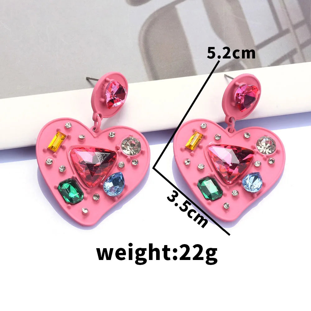 Pink Enamel Heart Shaped Crystal Drop Earrings for Women