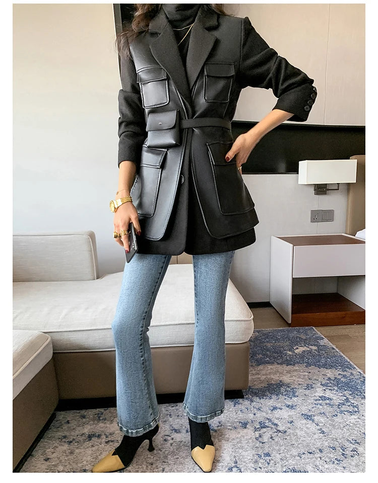 Black Patchwork Faux Leather Jacket With Pockets For Women