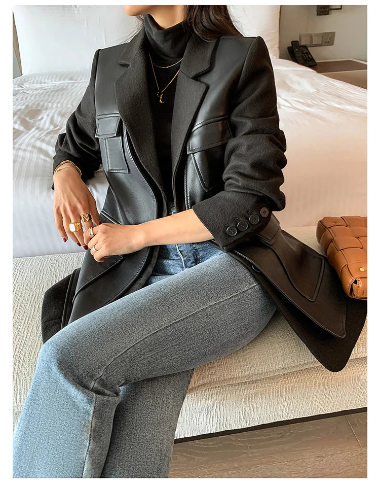 Black Patchwork Faux Leather Jacket With Pockets For Women