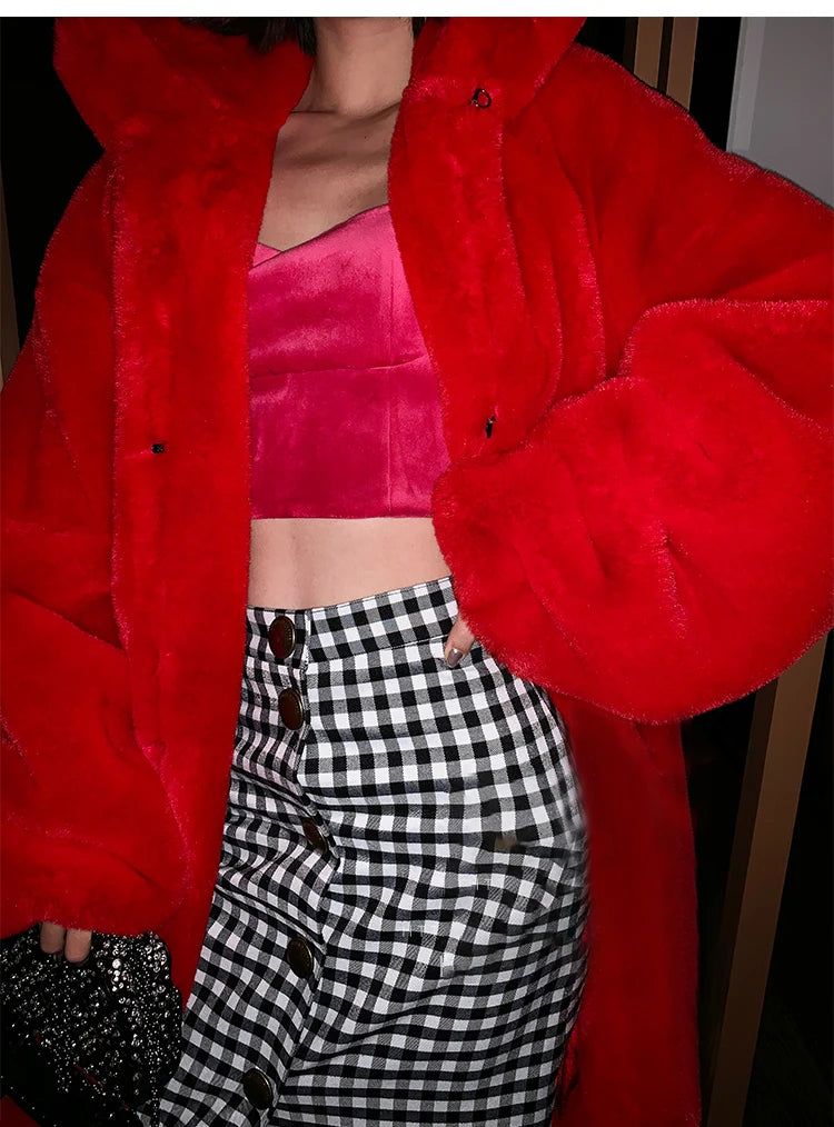 Soft Warm Fluffy Oversized Red Raglan Long Faux Fur Coat for Women