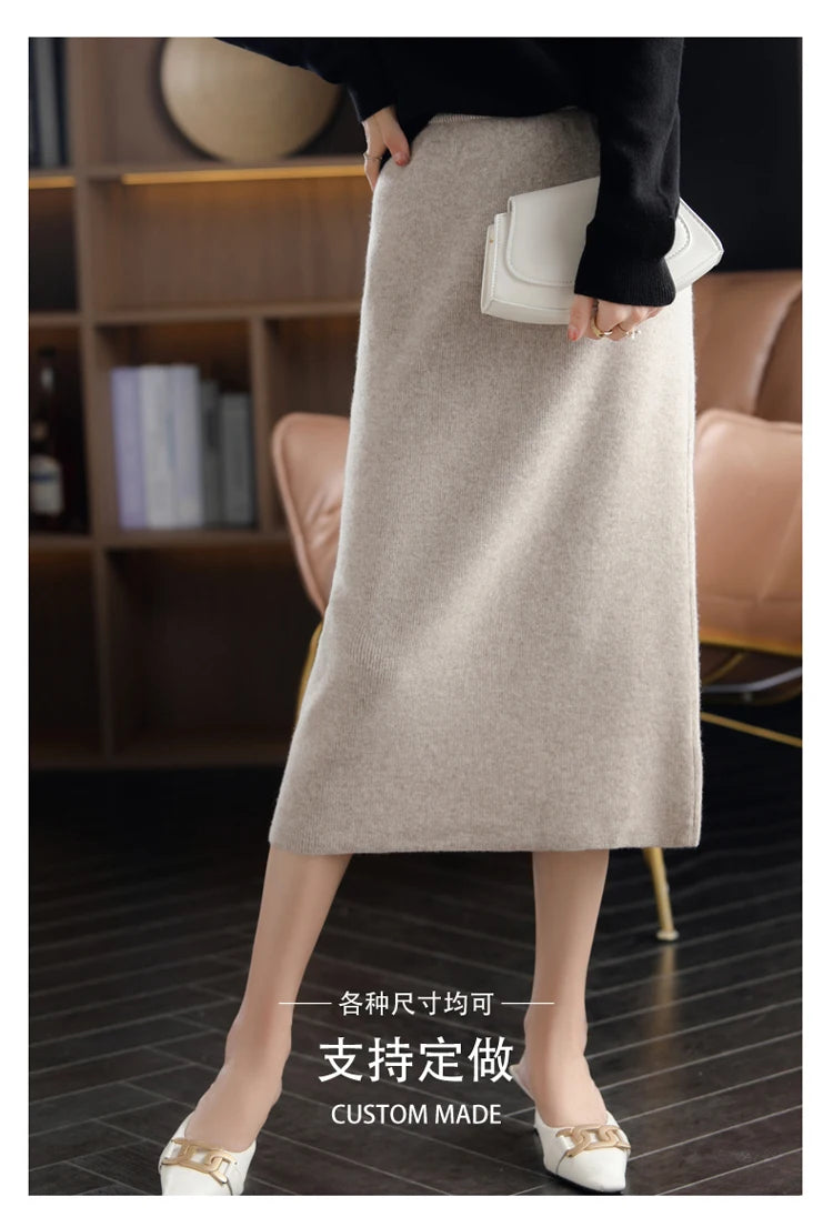 Pure Wool High Waist Knit A-Line Midi Skirt for Women