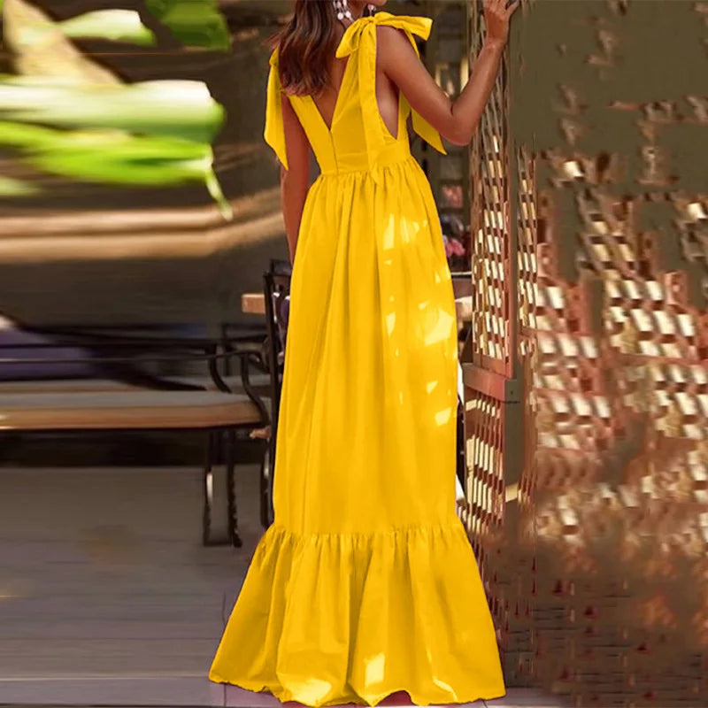 Elegant Backless V-Neck Ruffle Maxi Party Dress for Women