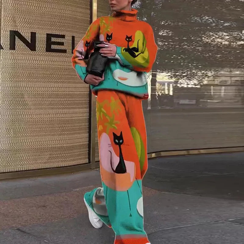 Women Casual Loose Printing Elastic Waist Suits Turtleneck Wide Leg Pants Ladies Outfit Patchwork Sportswear Loungewear Set