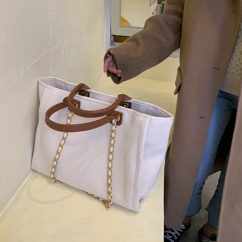 New Women Tote Bag Fashion Canvas Large Handbag Chains Genuine Leather Shoulder Bags Ladies Big Messenger Bag Shopping Bag