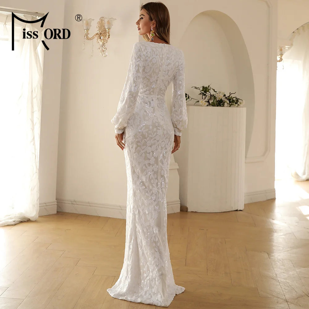Missord White Long Evening Dresses Women Sexy Deep V Neck Lantern Sleeve Thigh Split Maxi Party Prom Dress Elegant Bodycon Gown