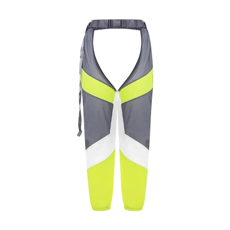 hirigin Women Buckles Bottomless Pants High Waist Cargo Trousers Crothchless Color Block Boggy Trousers Long Rave Legging