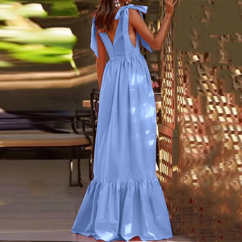 Elegant Backless V-Neck Ruffle Maxi Party Dress for Women