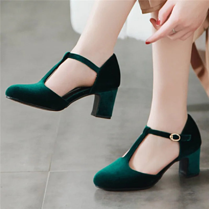 Velvet T Strap Square Heel Mary Janes