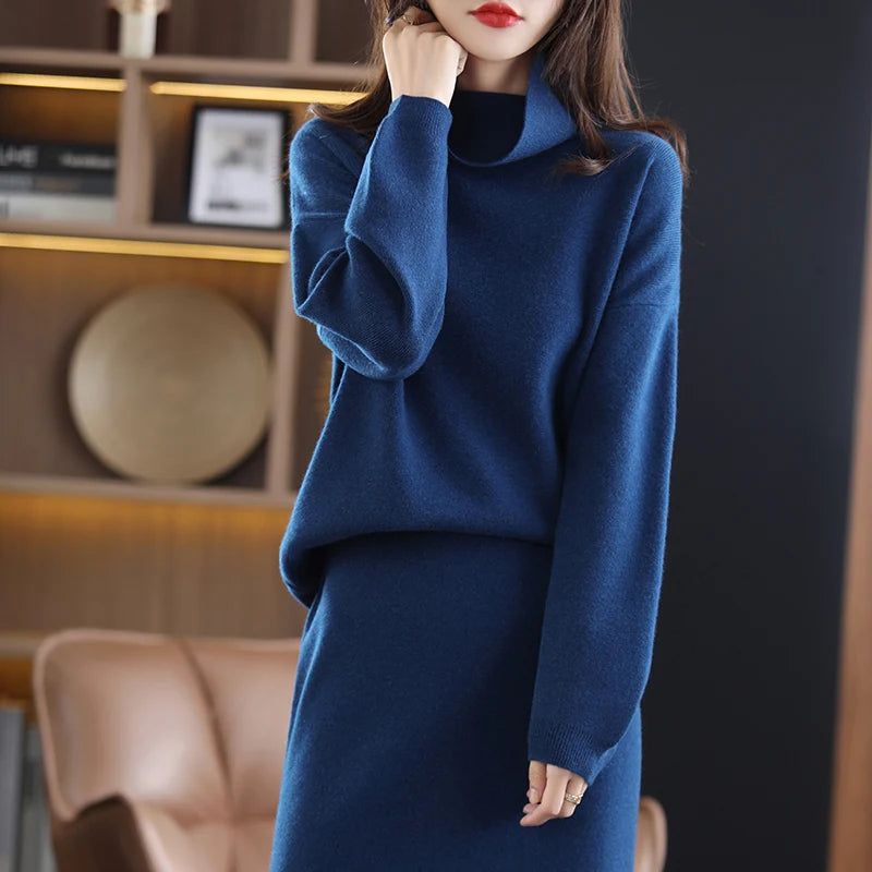 Wool Cashmere Knit Sweater and Skirt Two Piece Set for Women