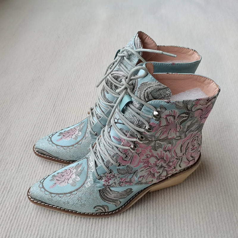 Blue Embroidered Flower Chinese Style Ankle Boots For Women