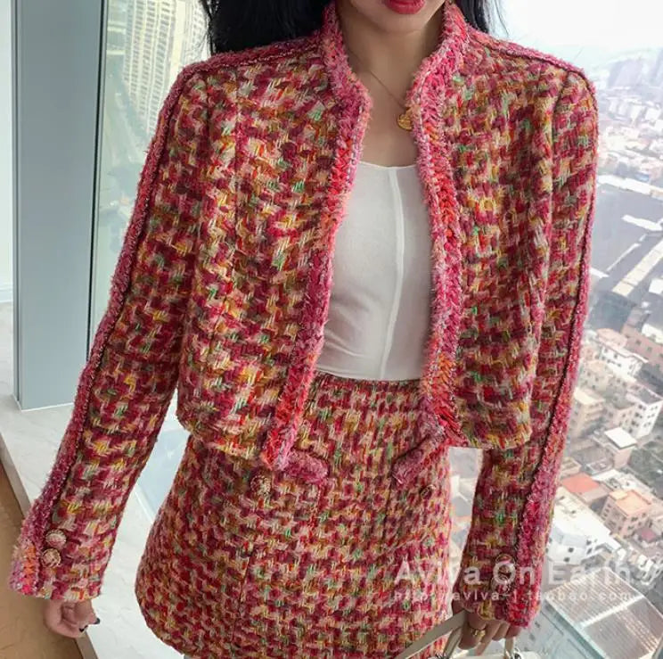 Pink O-Neck Cotton Single Breasted Jacket With Buttons And Rivets For Women