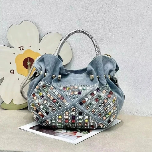 Fashion Diamond Set Denim Women's Bag Canvas Tote Girl Denim Trend Bag Crossbody Denim Blue 2024 New Model