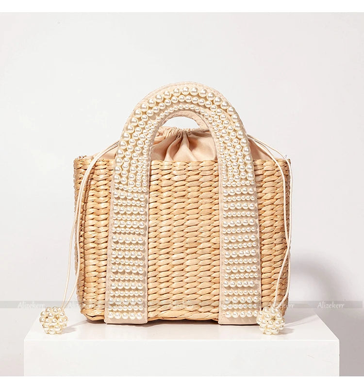 Delicate Handwoven Beaded Straw Tote Bag for Women