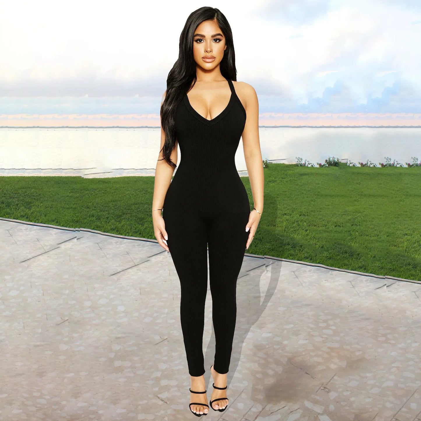 Sleeveless V Neck Criss Cross Back Jumpsuit For Women