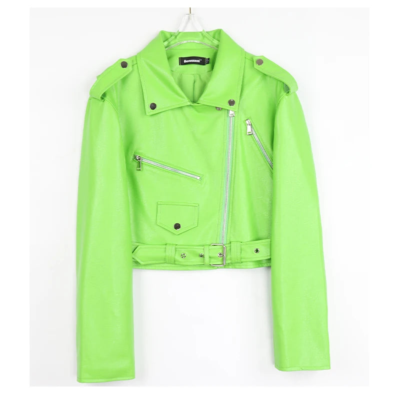Faux Leather Short Biker Jacket with Zipper and Epaulets for Women
