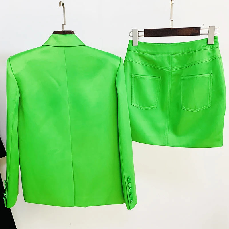 HIGH STREET Newest Fashion 2026 Designer Runway Suit Set Women's Double Breasted Straght Satin Blazer Mini Skirt Set