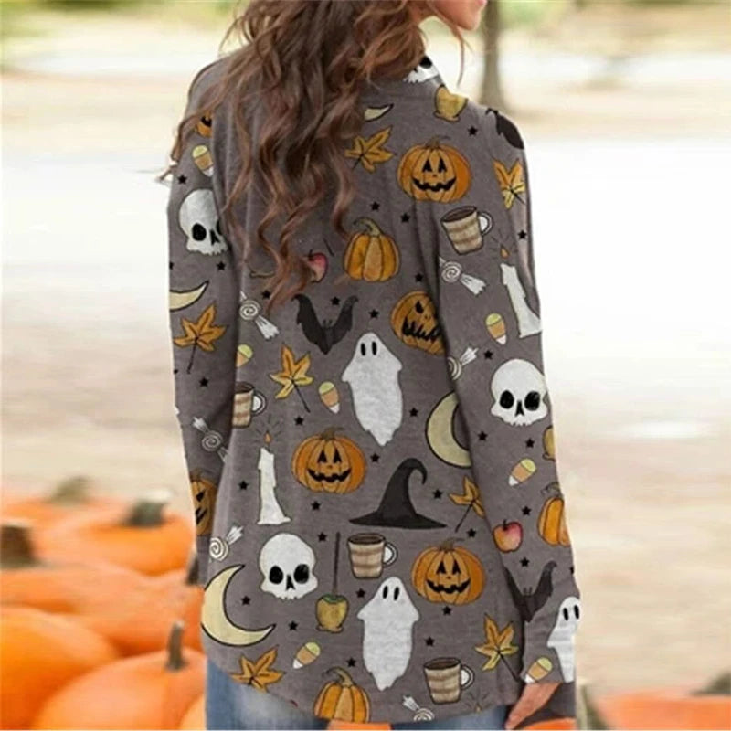 Skull Pumpkin Print Open Front Long Cardigan for Women