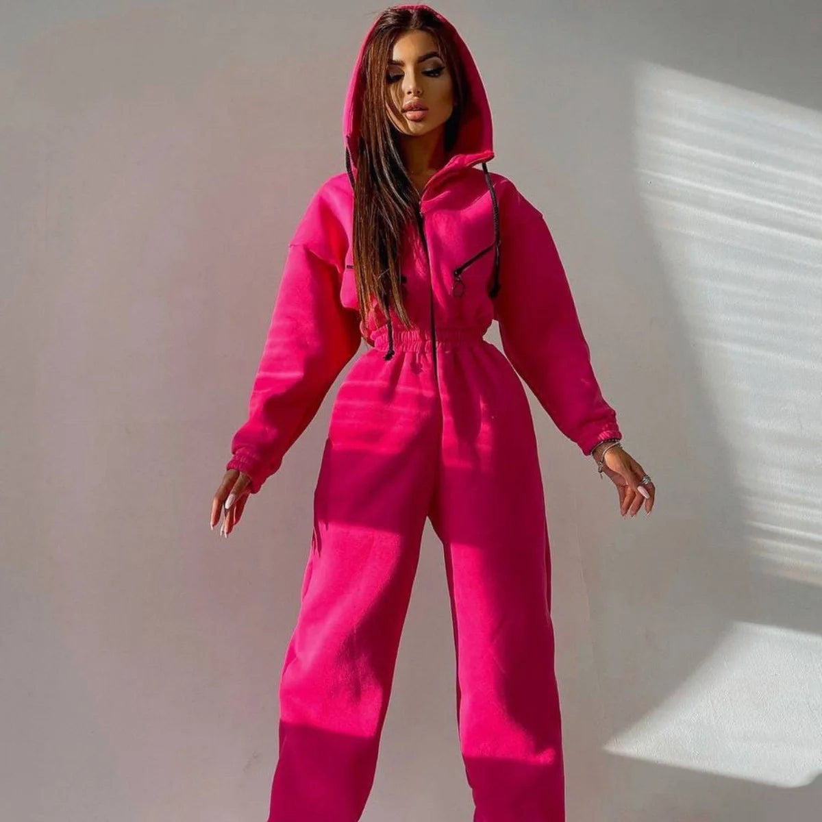 Casual Long Sleeve Hooded Jumpsuit With Pockets for Women