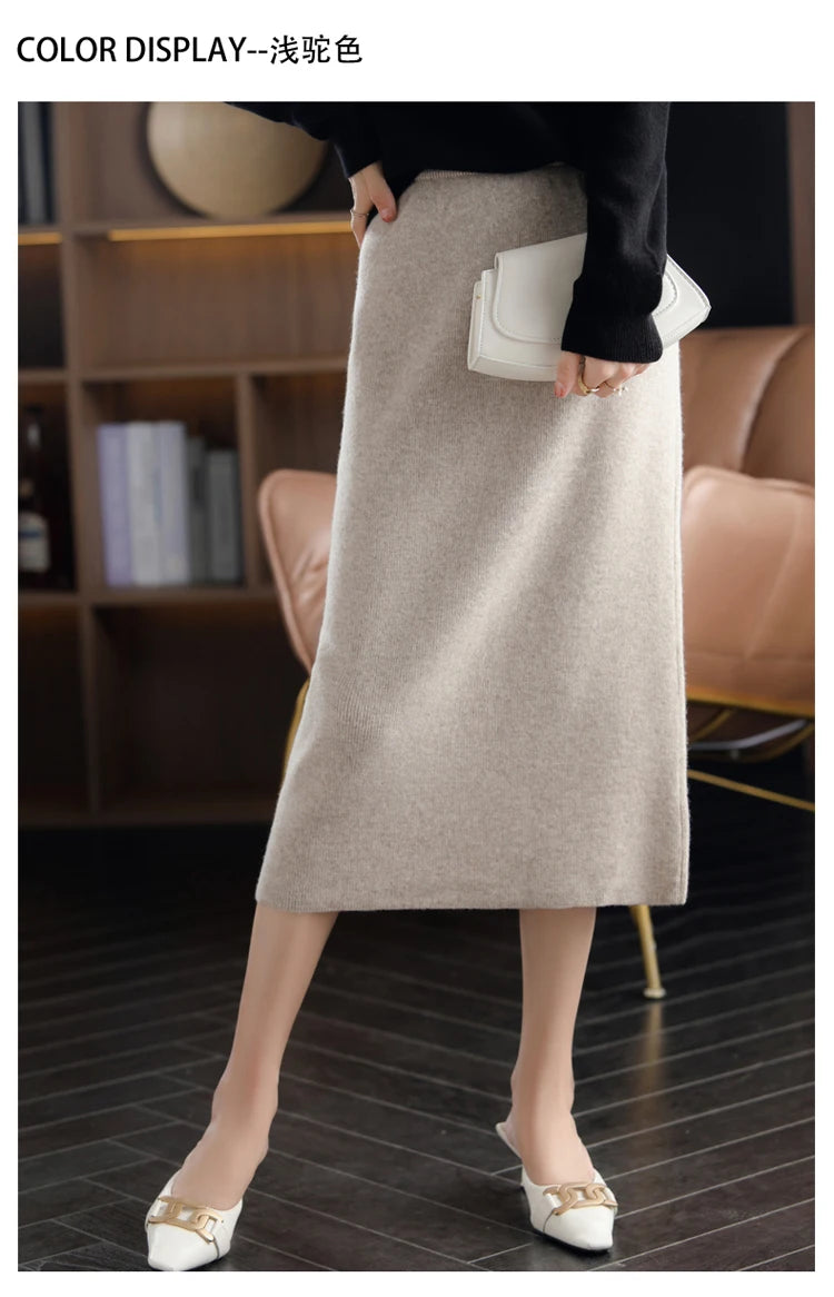 Pure Wool High Waist Knit A-Line Midi Skirt for Women