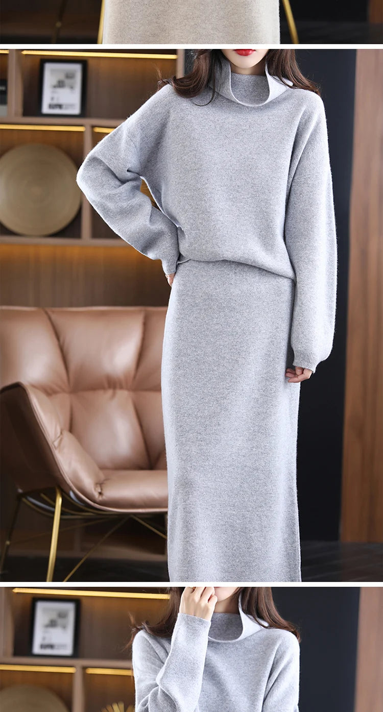 Wool Cashmere Knit Sweater and Skirt Two Piece Set for Women