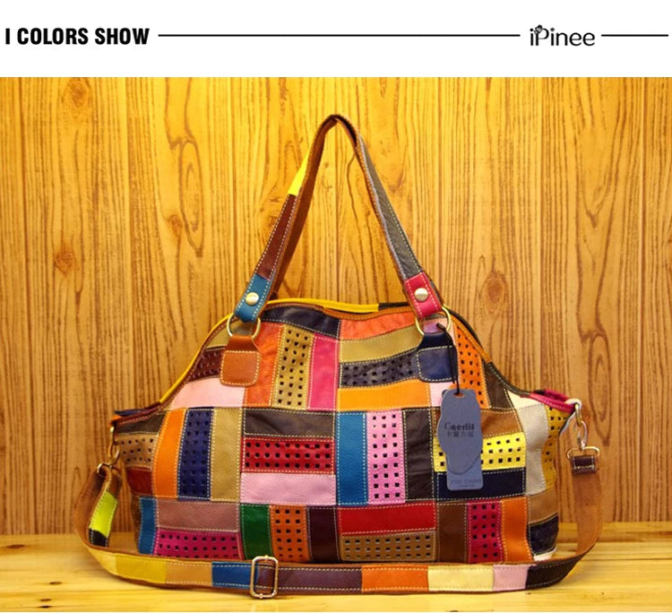 Patchwork Genuine Leather Shoulder Tote Bag for Women