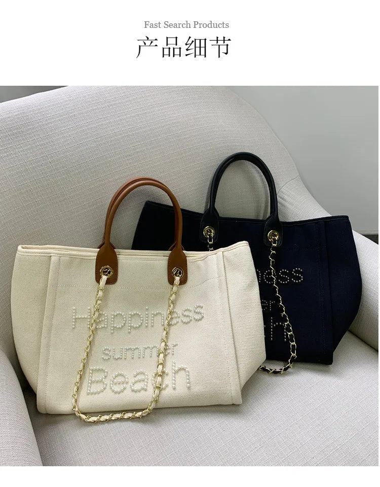 New Women Tote Bag Fashion Canvas Large Handbag Chains Genuine Leather Shoulder Bags Ladies Big Messenger Bag Shopping Bag