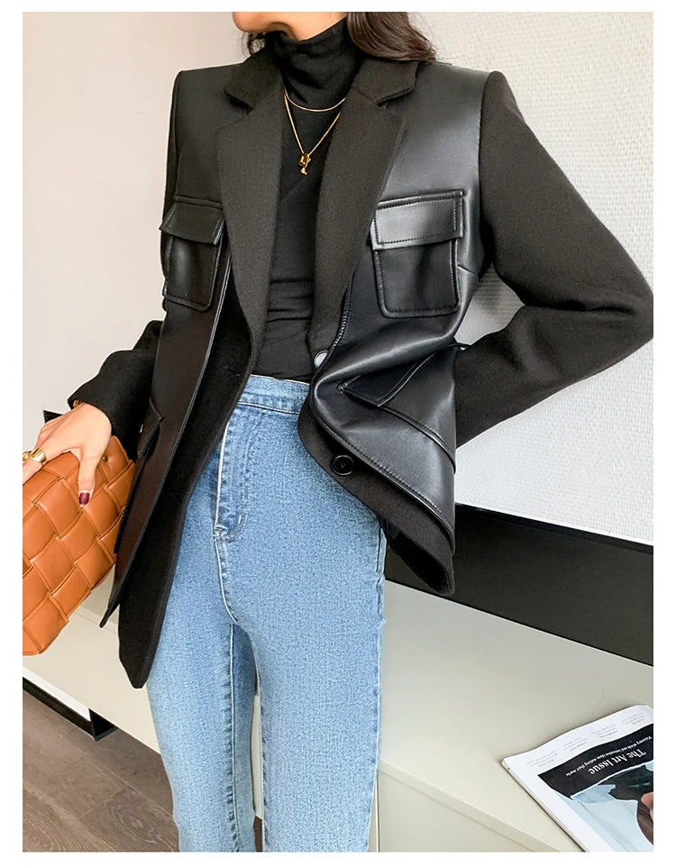 Black Patchwork Faux Leather Jacket With Pockets For Women
