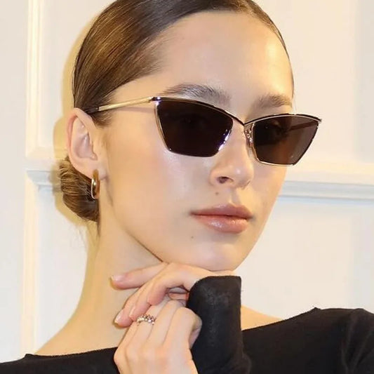 Trendy Lens Cat Eye Sun Glasses Fashion Small Rimless Female Metal Sunglasses Famous Brands Shades Sunglasses for Women and Men