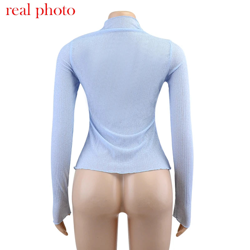 Cryptographic 2025 Fall Elegant See Through Long Sleeve Mock Neck Women Tops Fashion Streetwear Sexy T-Shirts Tees Slim Clothes