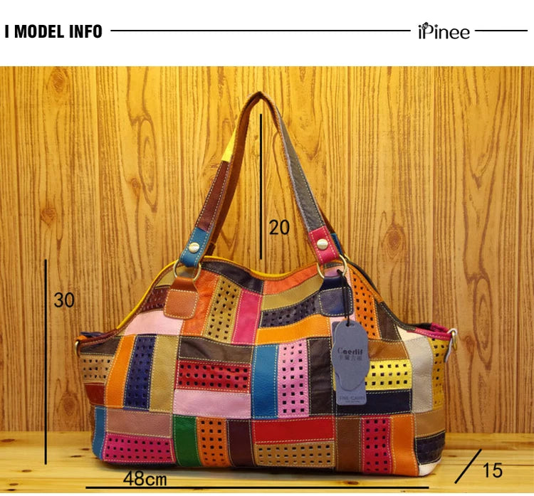 Patchwork Genuine Leather Shoulder Tote Bag for Women