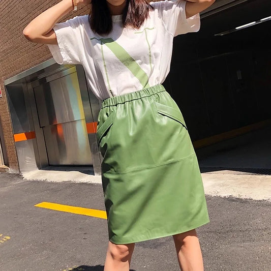 Leather Skirt Women With Pockets Midi Skirts Womens 2025 New Genuine Black And Green Sheepskin Leather Pencil Skirt Hgh Waist