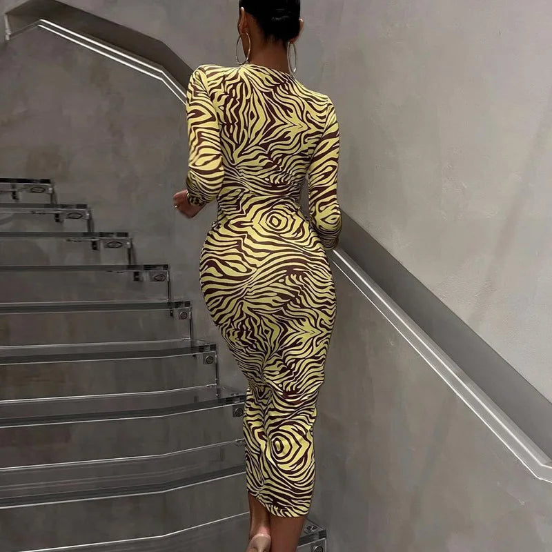 Zebra Print Hollow Out Bodycon Midi Dress for Women