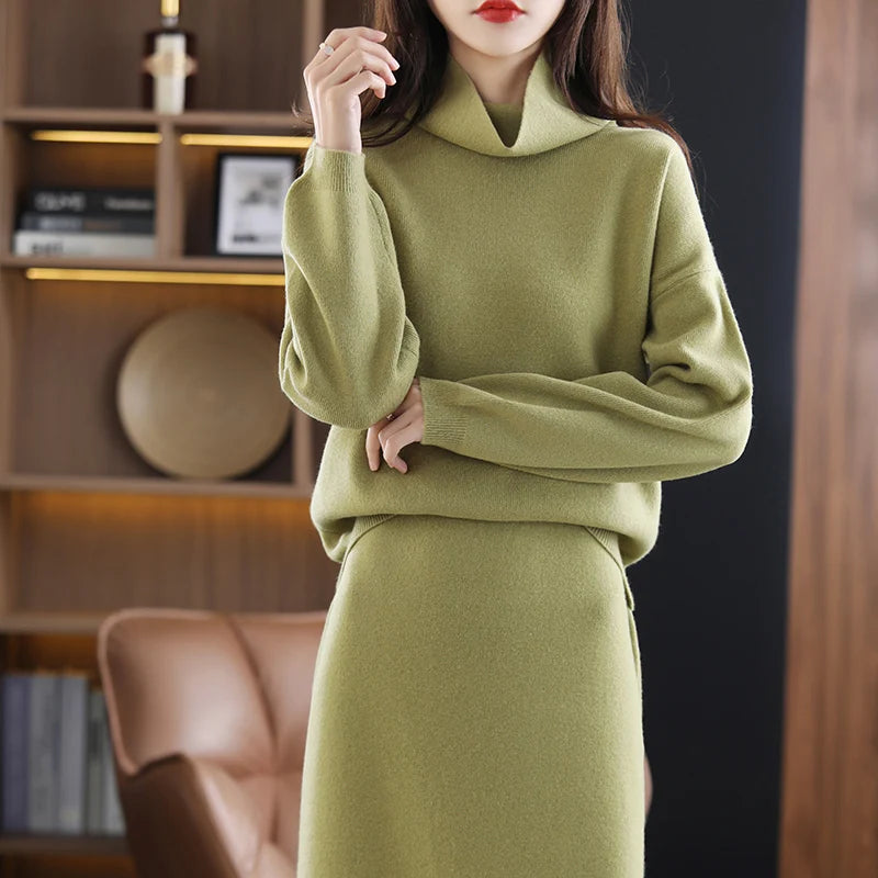 Wool Cashmere Knit Sweater and Skirt Two Piece Set for Women