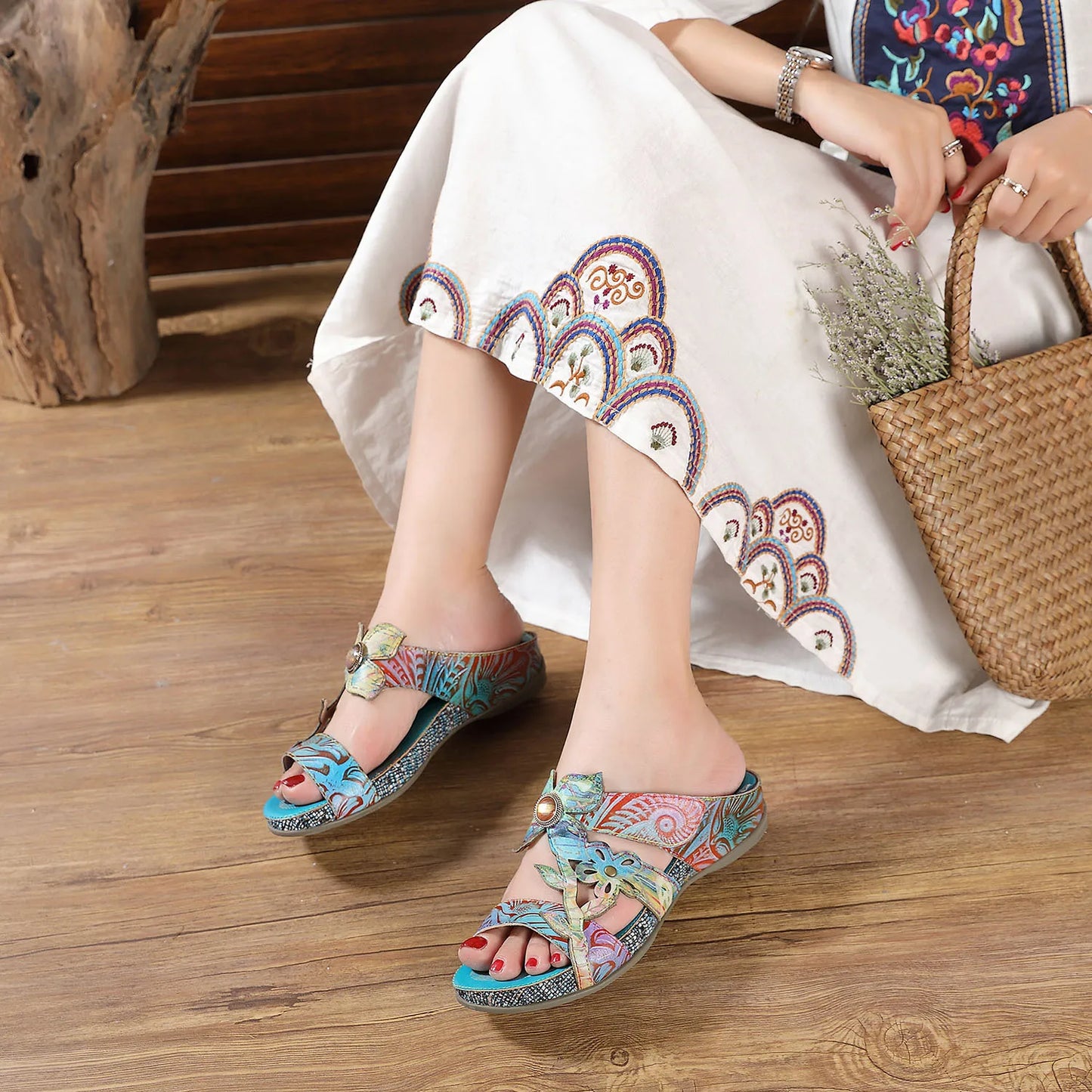 Hand Painted Genuine Leather Outdoor Summer Slides for Women