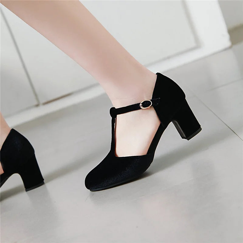 Velvet T Strap Square Heel Mary Janes