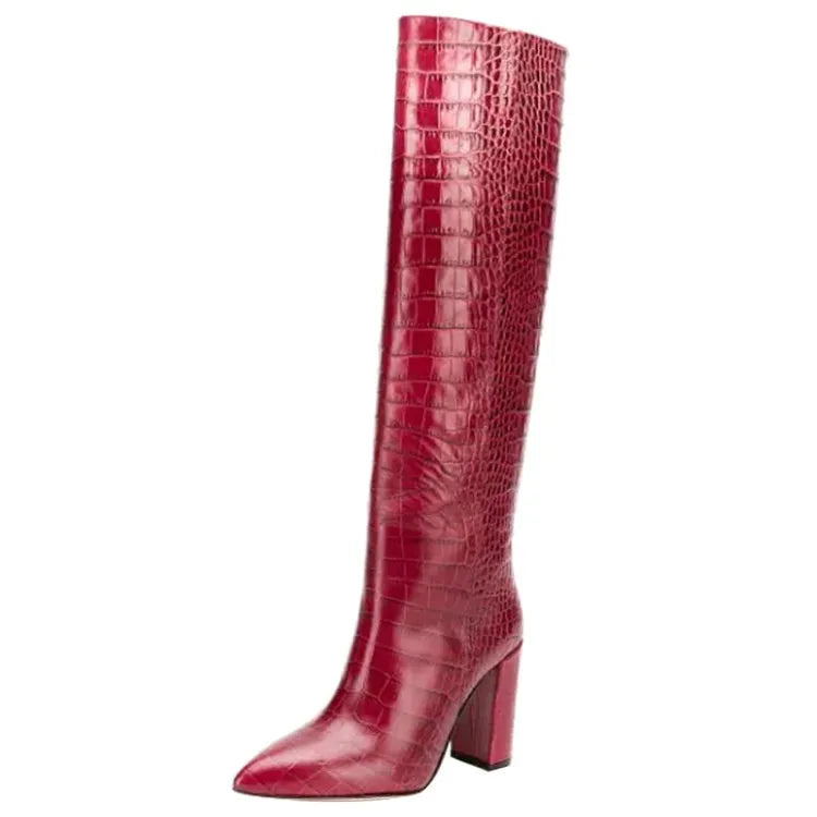 Pointed Toe Slip On Leather Knee High Boots for Women