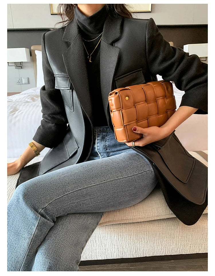 Black Patchwork Faux Leather Jacket With Pockets For Women